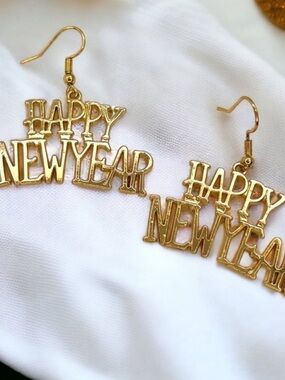 Festive Gold 'Happy New Year' Drop Earrings NWT EuroKatGifts